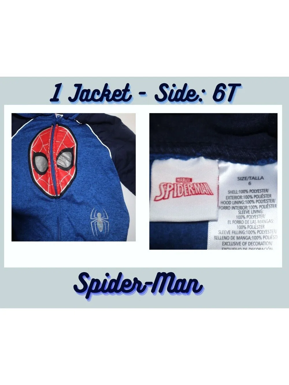Marvel Boys Spider-Man Hooded Jacket Size 6T Blue Black